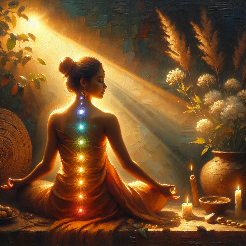 person-meditating-with-energy-chakras Peaceful person meditating in lotus position with visible chakra energy centers glowing along the spine