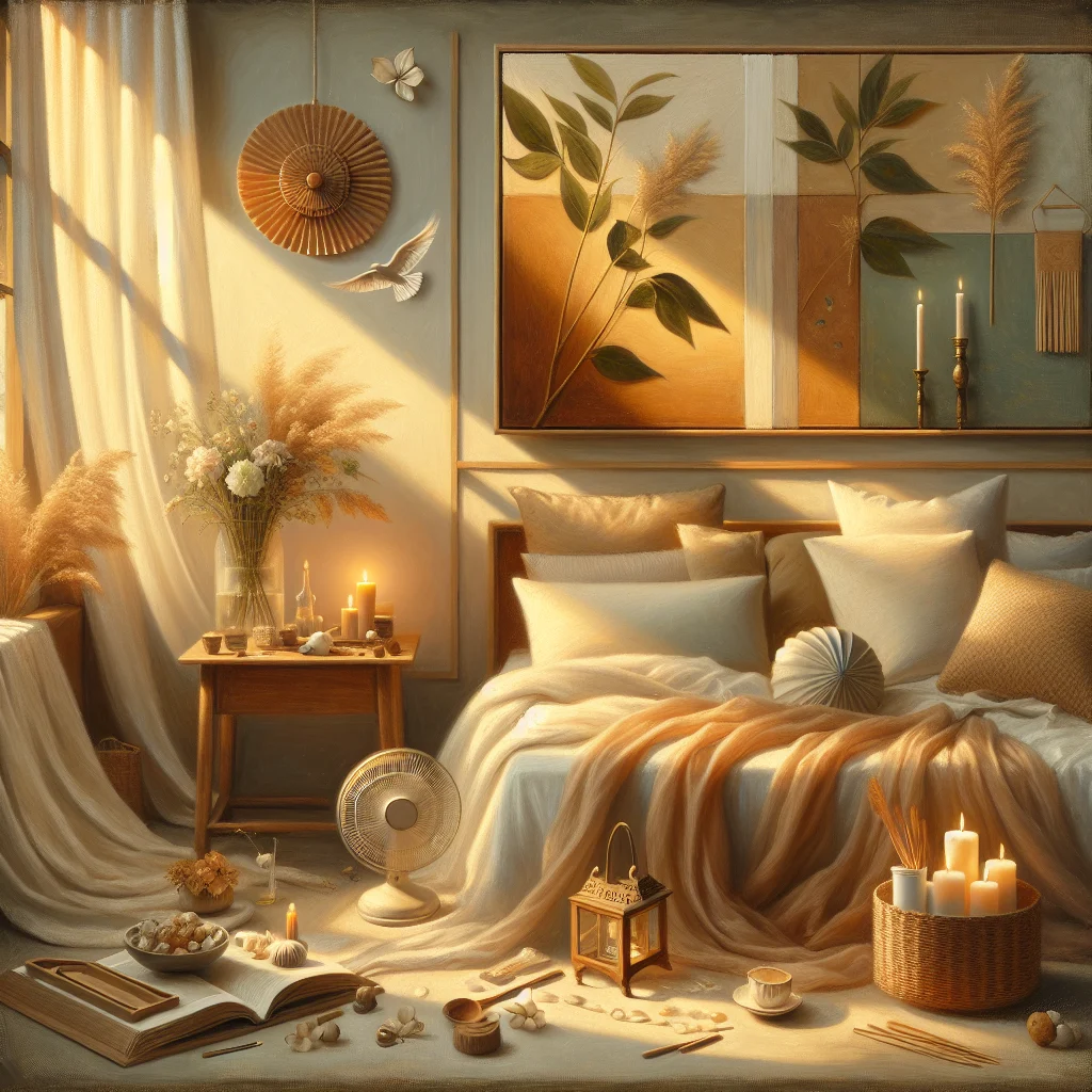 Peaceful bedroom environment optimized for nocturnal hot flashes meditation remedy with cool tones and calming elements