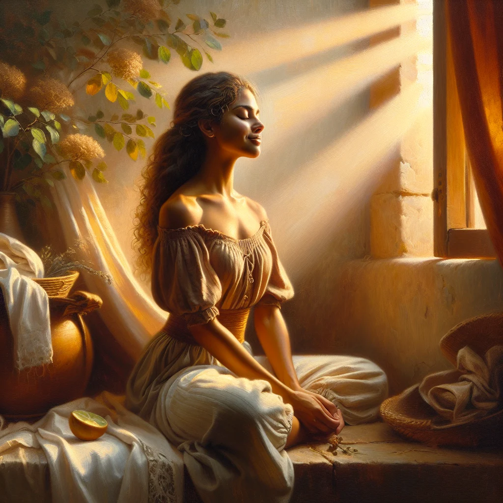 serene-breathing-practice-hot-flash-relief Peaceful woman using breathing exercises to cool down hot flashes in a comfortable environment