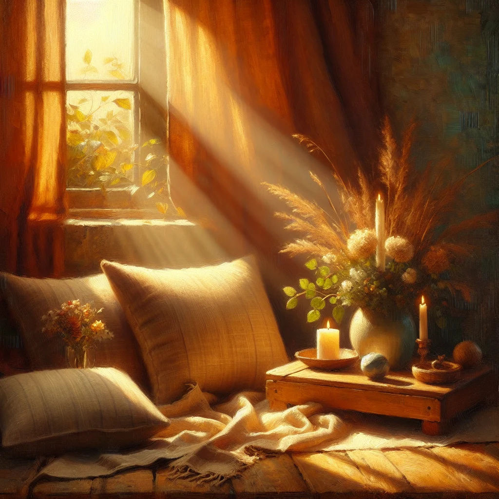 serene-meditation-space-for-menopause-anxiety Peaceful meditation corner with cushions and calming elements designed for managing menopause anxiety