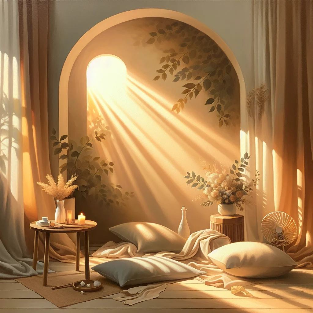 Peaceful meditation environment with cooling elements for hot flash relief