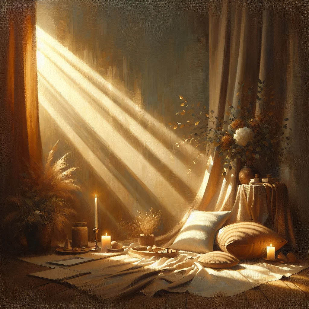 Comfortable meditation space with cushions and calming elements for menopausal women