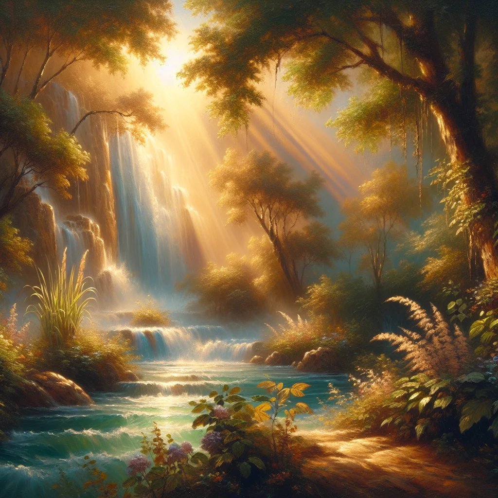 serene-nature-scene-for-menopause-meditation Peaceful waterfall in lush green forest setting, ideal visualization scene for cooling relief during menopause hot flashes