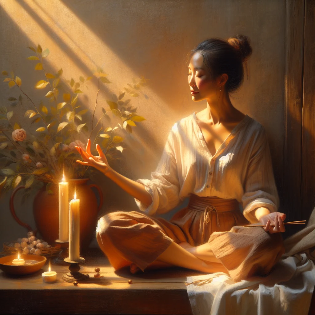 serene-woman-experiencing-menopause-meditation-benefits Peaceful woman in her fifties meditating with calm expression, demonstrating vipassana meditation benefits during menopause