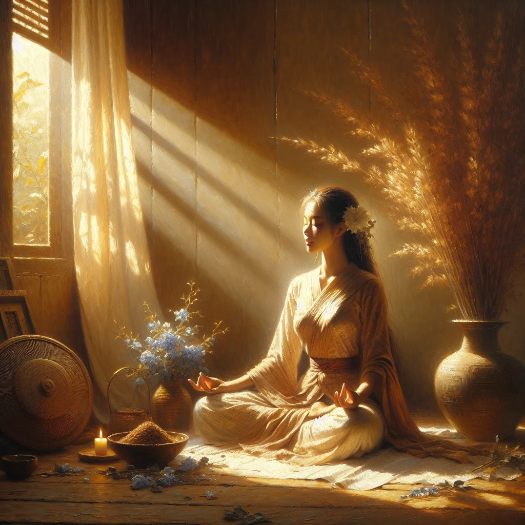 serene-woman-meditating-with-cooling-visualization Peaceful woman using cooling visualization meditation techniques while experiencing menopause hot flash