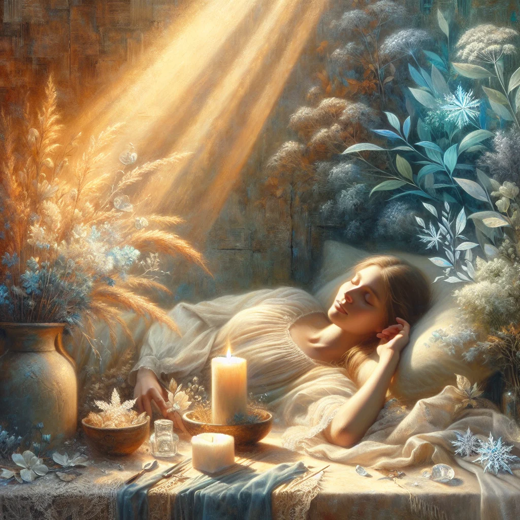 Peaceful woman experiencing relief from hot flashes using natural visualization techniques in a calm environment