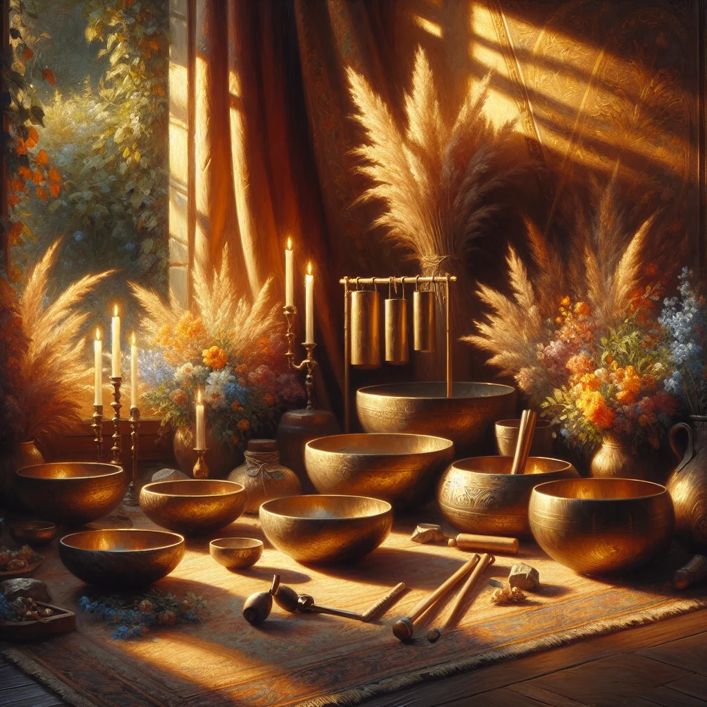 Various singing bowls and healing instruments arranged for sound therapy session