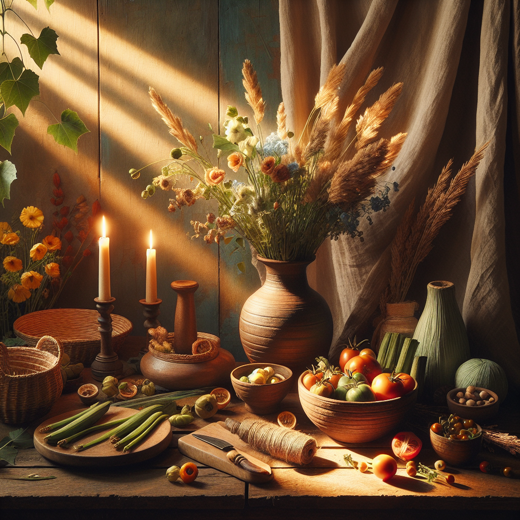 Slow living culture demonstrated through sustainable practices including homegrown vegetables and handmade items