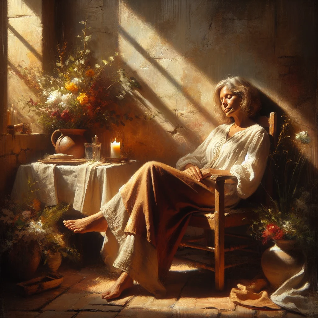 woman-experiencing-hot-flash-awareness Woman practicing mindful awareness during a hot flash episode, sitting calmly with eyes closed