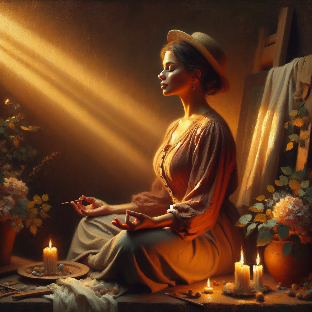 Woman practicing calming meditation during a hot flash episode while seated comfortably