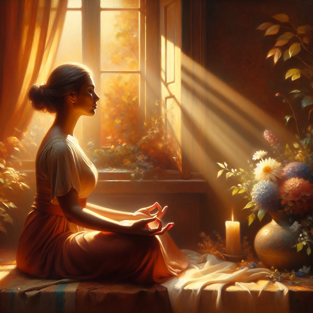 Woman practicing calming meditation during a hot flash episode while seated comfortably