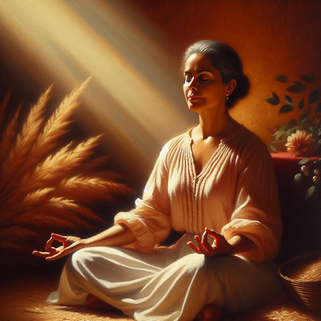 woman-experiencing-hot-flash-relief Woman practicing quick meditation techniques during a hot flash episode with calm expression