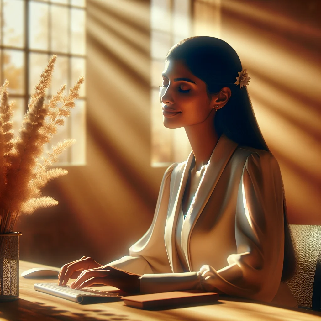 Professional woman practicing discreet meditation at her office desk during a hot flash episode