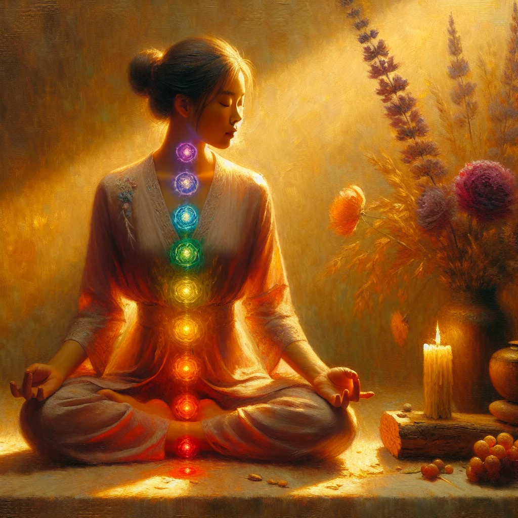 woman-meditating-chakra-energy-centers Woman practicing chakra meditation for hormonal health with glowing energy centers aligned along the spine