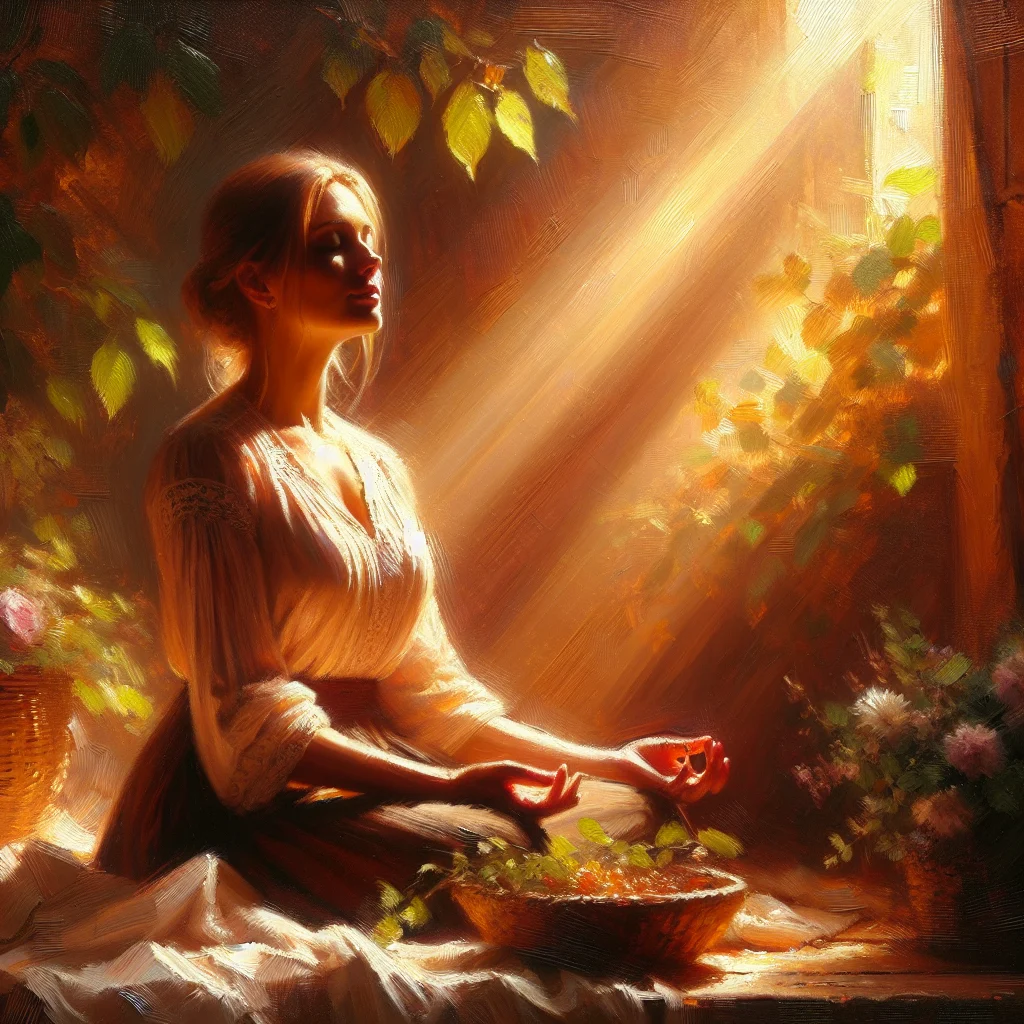 woman-meditating-during-hot-flash-episode Woman practicing meditation techniques to cope with hot flash embarrassment in a calm environment