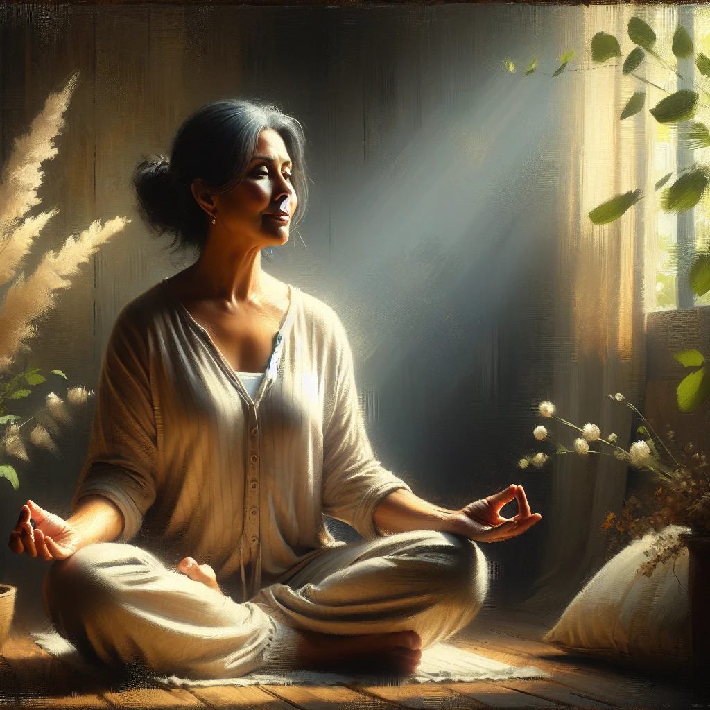 Woman practicing thermoregulation meditation for menopause in a calm, temperature-controlled room