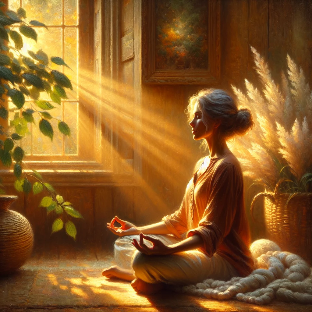 Middle-aged woman practicing daily meditation in calm morning atmosphere for perimenopause wellness