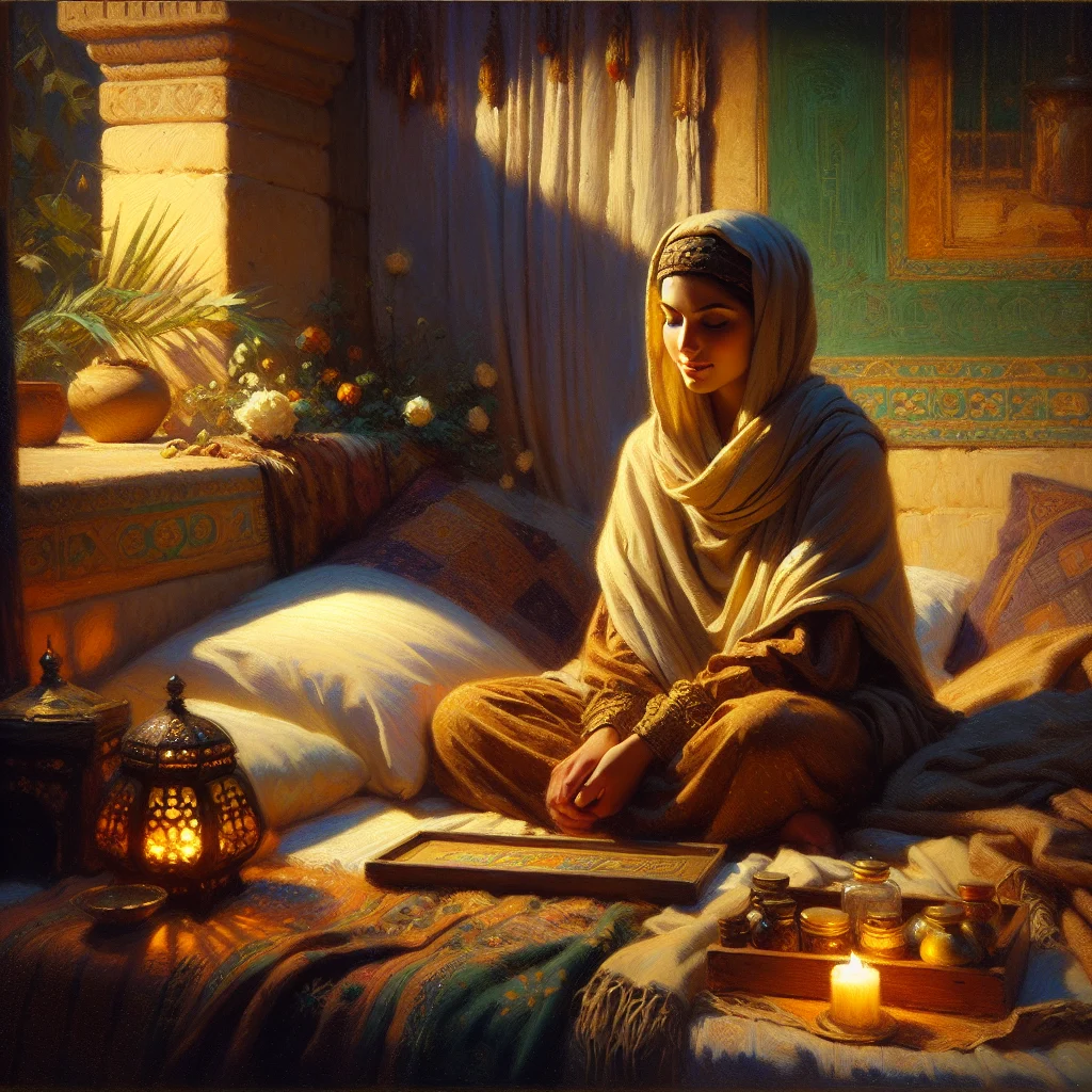 Woman practicing nocturnal hot flashes meditation remedy in a calm bedroom setting at night