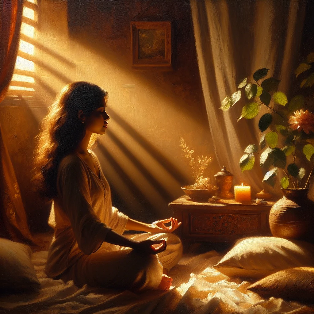 Woman practicing night sweats meditation before bed in a calm bedroom setting with soft lighting