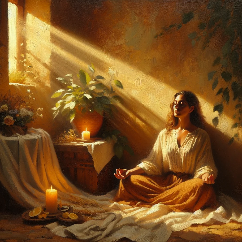 Calm woman in her 40s meditating in a comfortable seated position during perimenopause