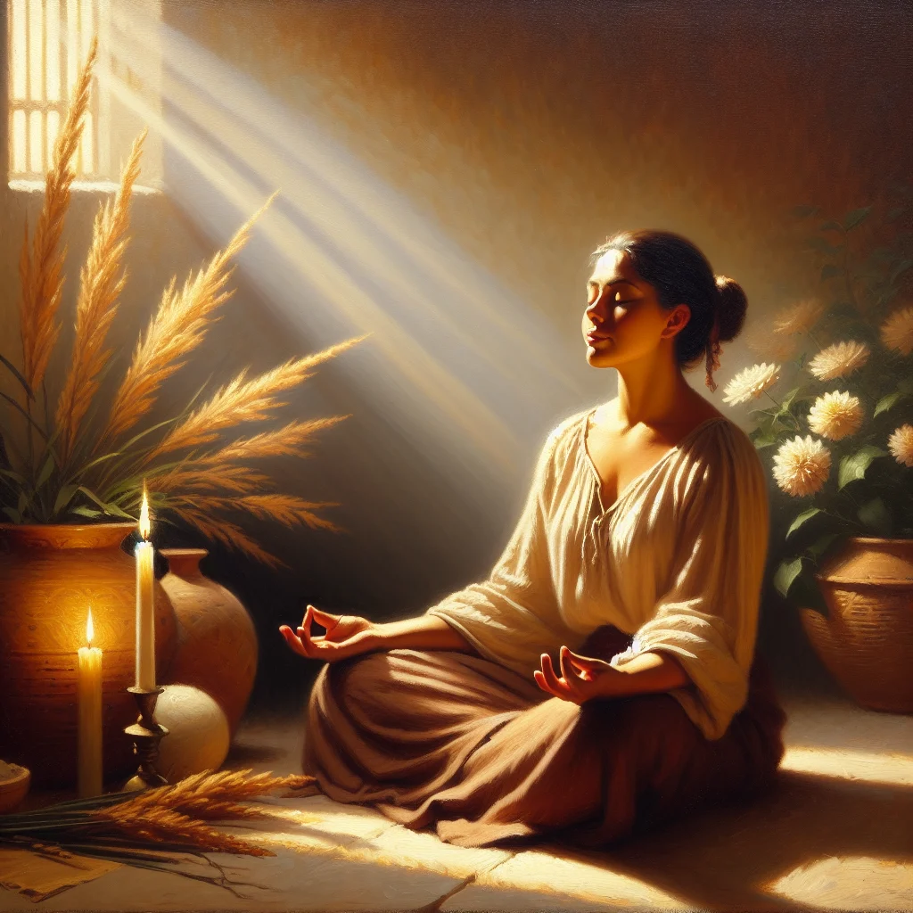 woman-meditating-peacefully-for-hot-flash-relief Mature woman practicing meditation in calm environment to reduce hot flash frequency naturally