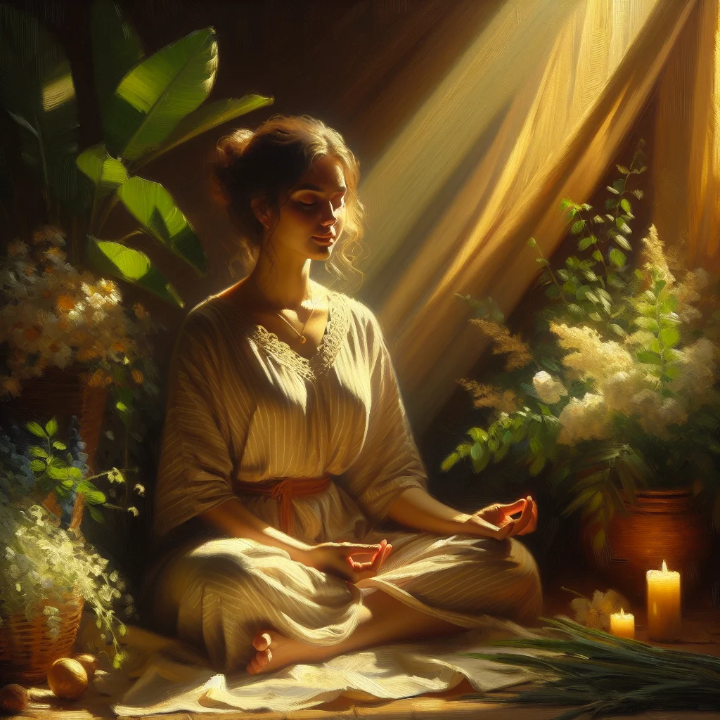 woman-meditating-peacefully-indoors Mature woman practicing meditation to reduce hot flashes in a calm, comfortable indoor setting