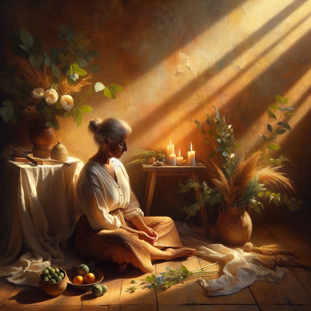 Mature woman practicing meditation techniques for postmenopausal hot flashes relief in comfortable home setting