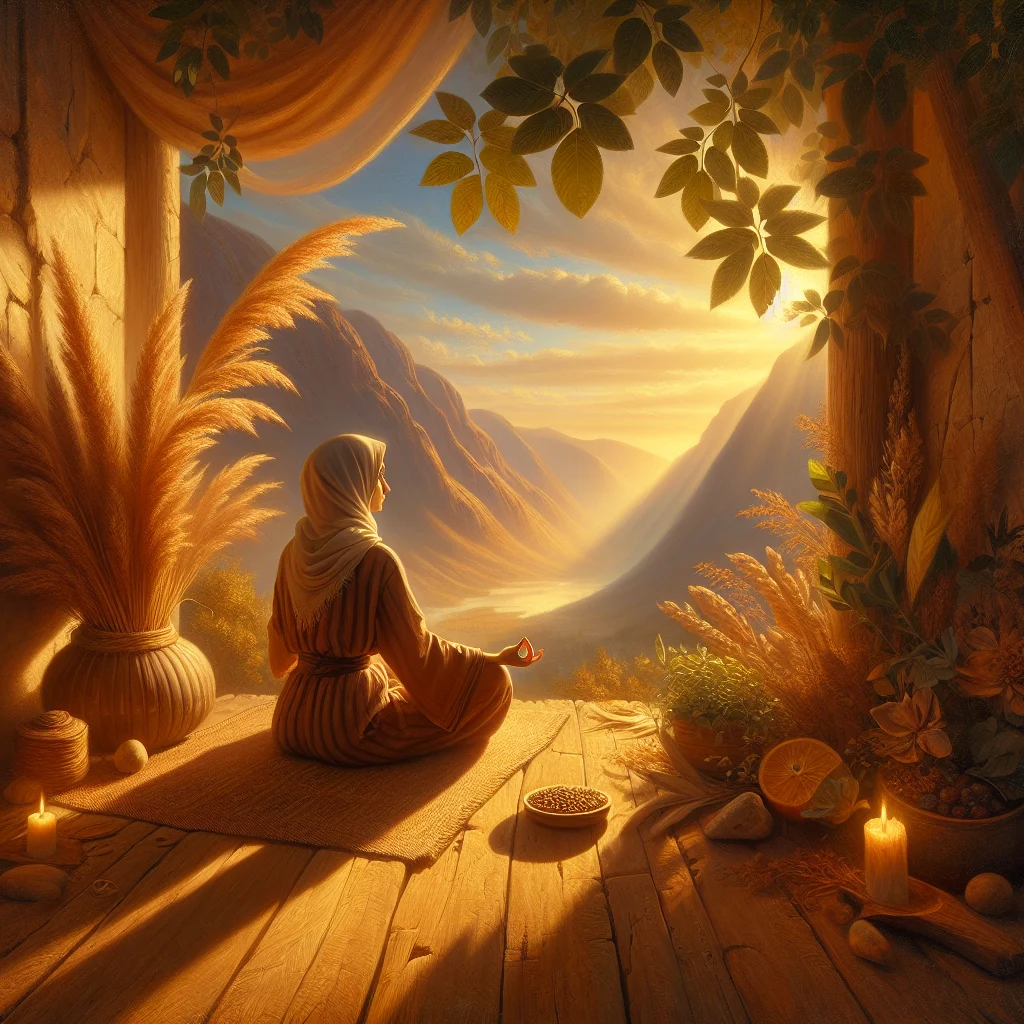 Single woman over 45 meditating alone in a peaceful mountain retreat environment during sunrise