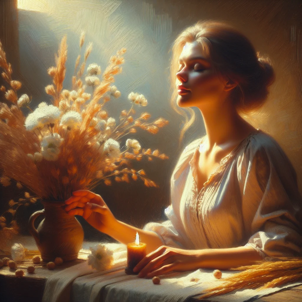 Woman practicing cold visualization meditation for hot flashes in peaceful environment