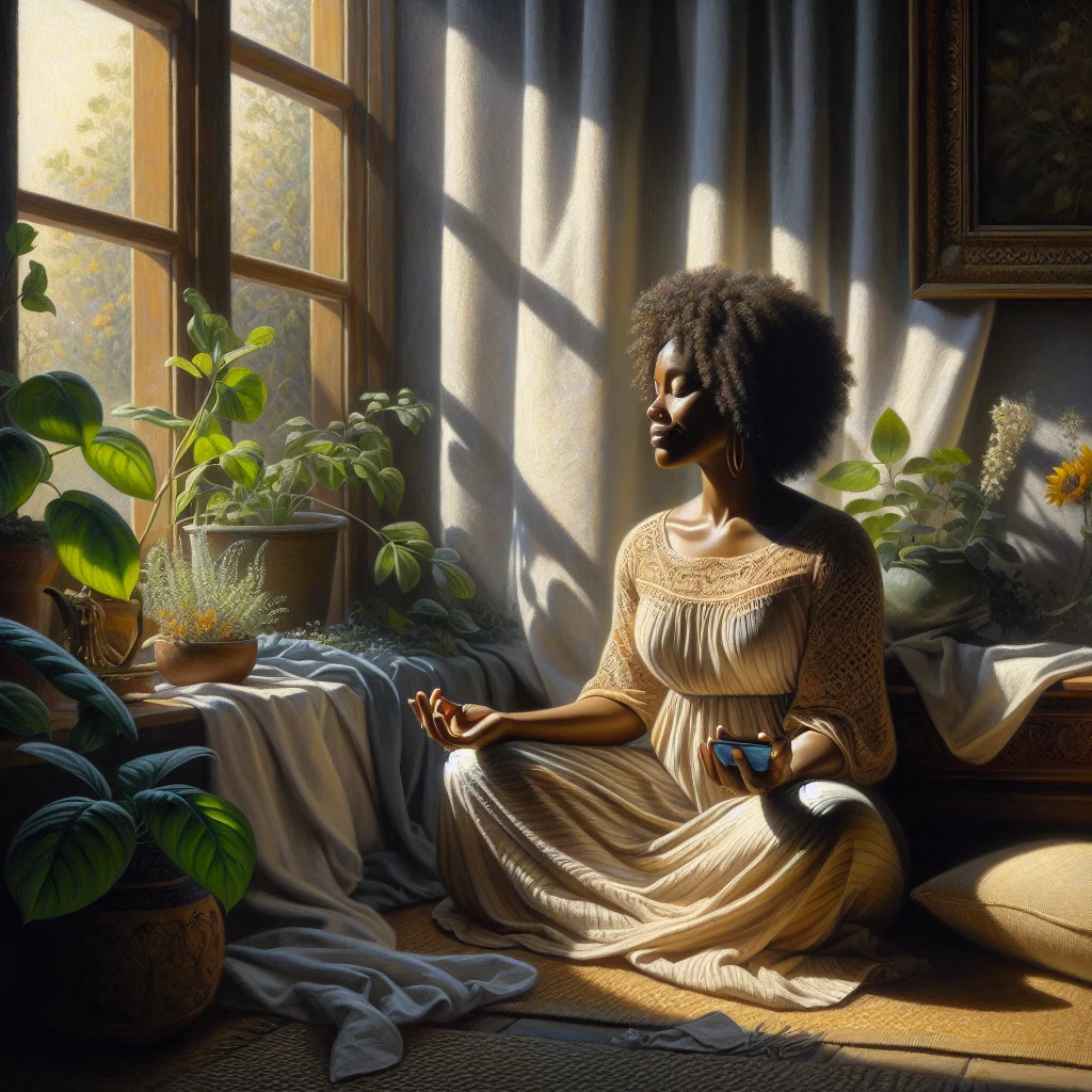 woman-meditating-with-smartphone-app Middle-aged woman peacefully meditating with a smartphone displaying a meditation app for menopause support