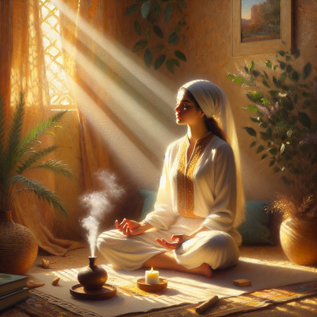 woman-practicing-aromatherapy-meditation Peaceful woman meditating with essential oils for emotional healing in a serene indoor setting