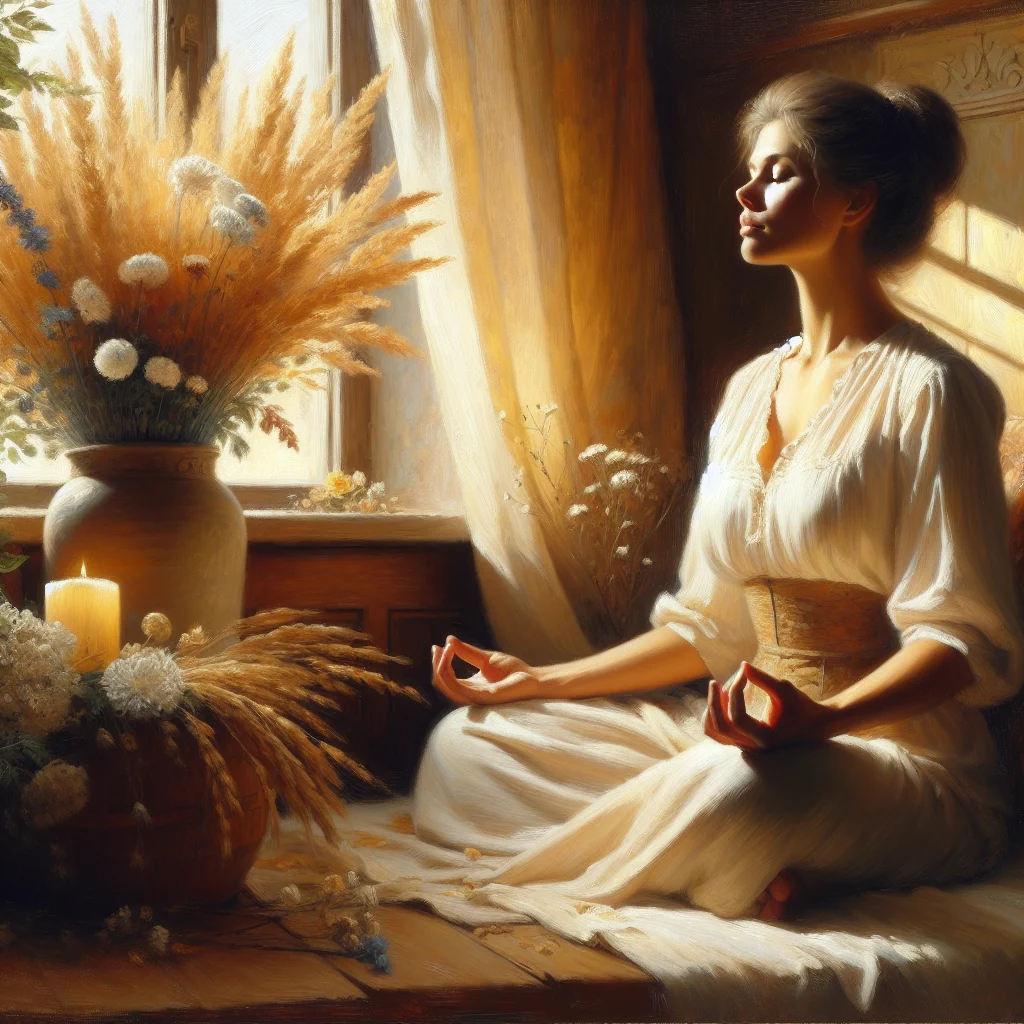 Woman practicing deep breathing exercises for menopause anxiety relief in a peaceful home environment