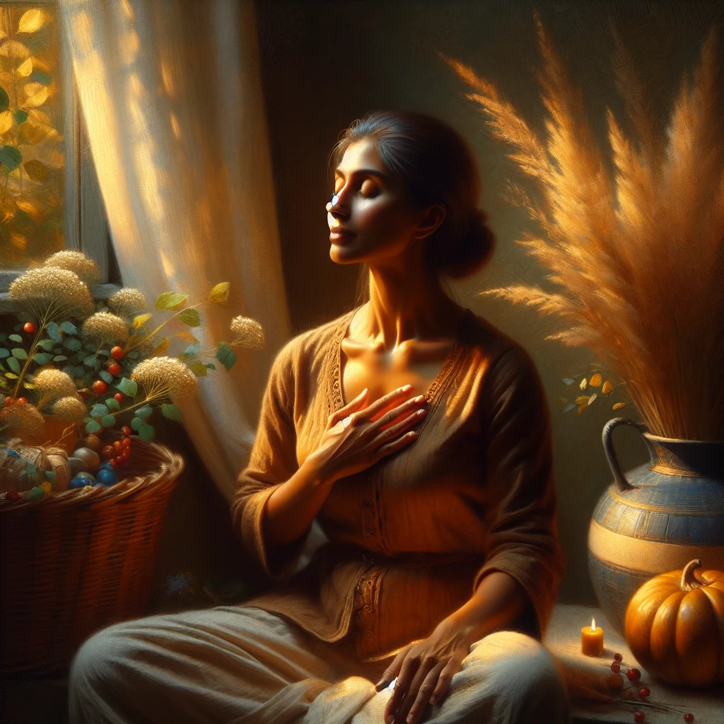 woman-practicing-calm-breathing-exercise Woman practicing breathing exercises to cool down hot flashes in a peaceful indoor setting