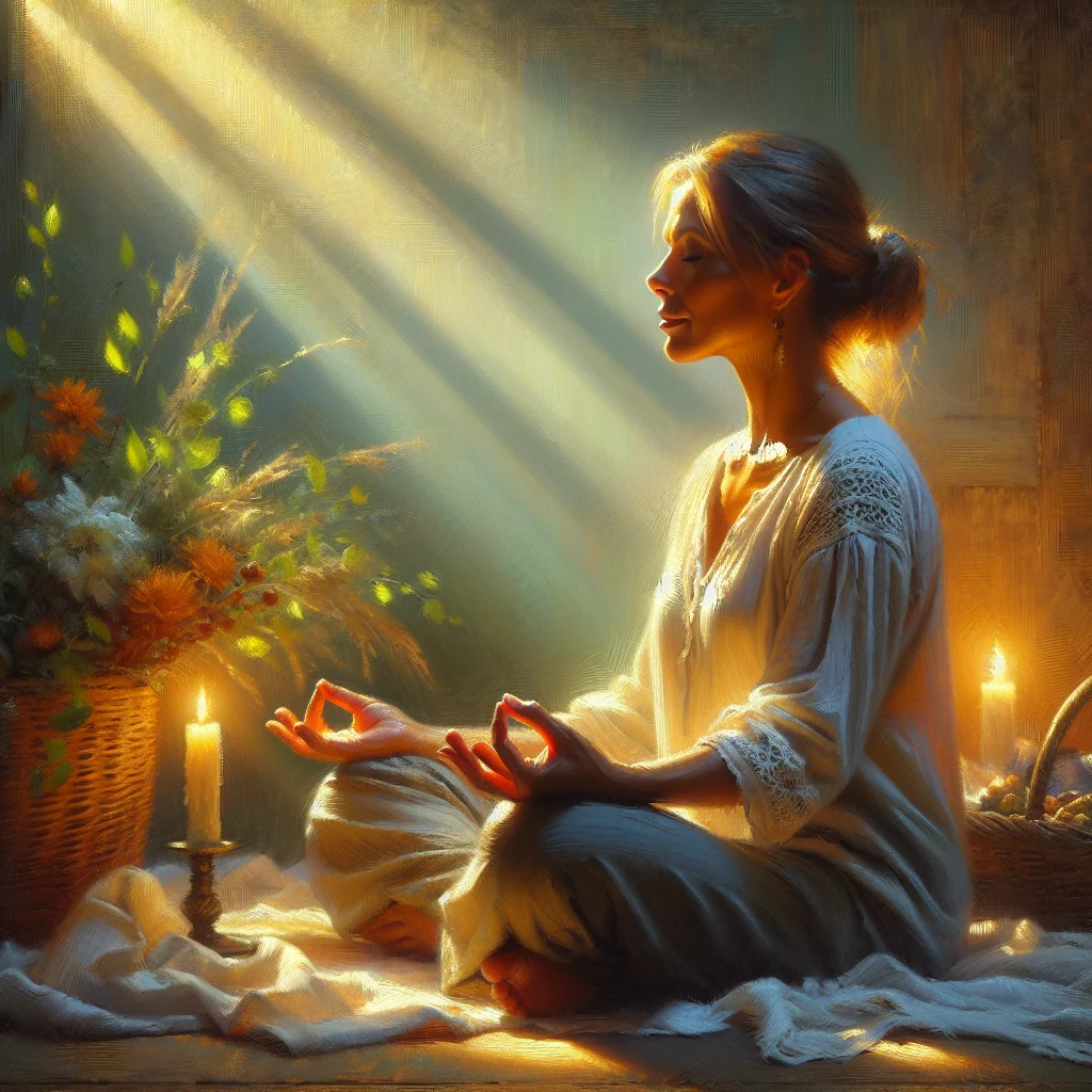 Woman practicing calming meditation techniques to manage menopause anxiety symptoms