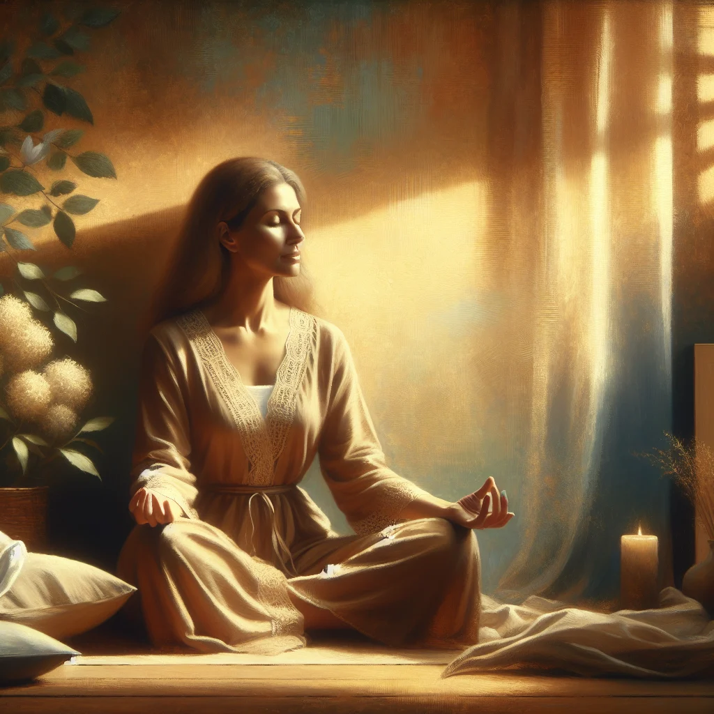 Mature woman practicing cooling breath meditation technique in a peaceful setting to manage menopause symptoms