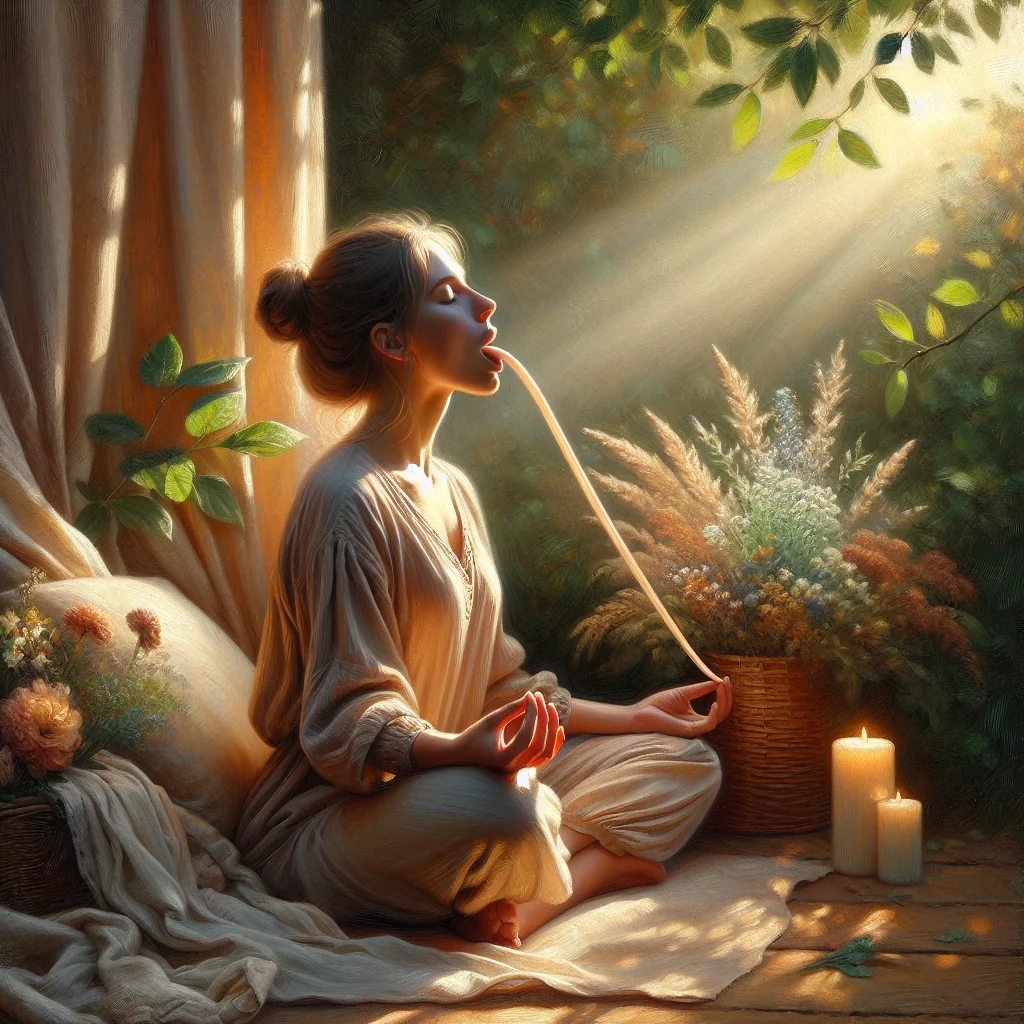 woman-practicing-cooling-breath-technique Woman practicing sitali pranayama cooling breath technique with rolled tongue outdoors