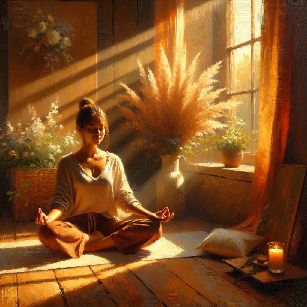 woman-practicing-meditation-for-hot-flashes Woman sitting in meditation pose practicing mindfulness for hot flash relief