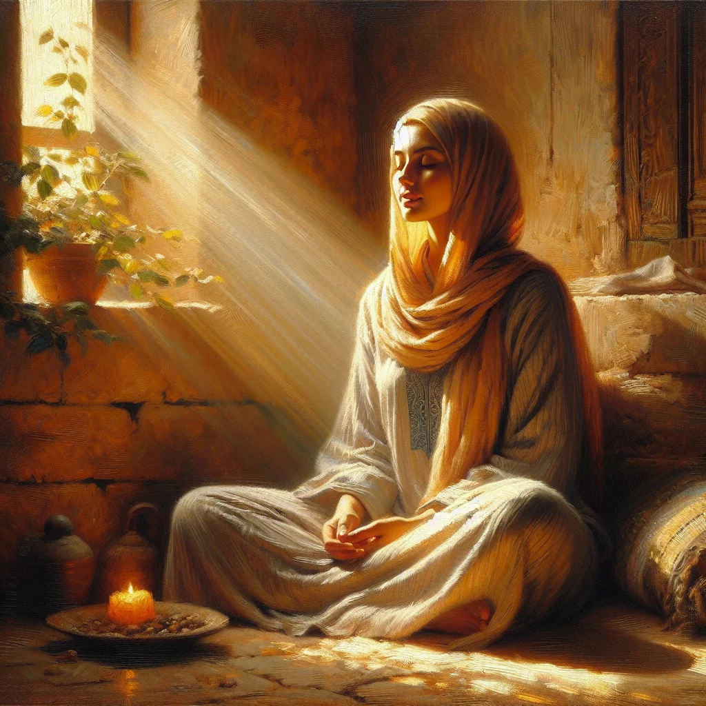 woman-practicing-meditation-for-menopause-relief Middle-aged woman sitting peacefully in meditation pose practicing meditation for menopause anxiety relief