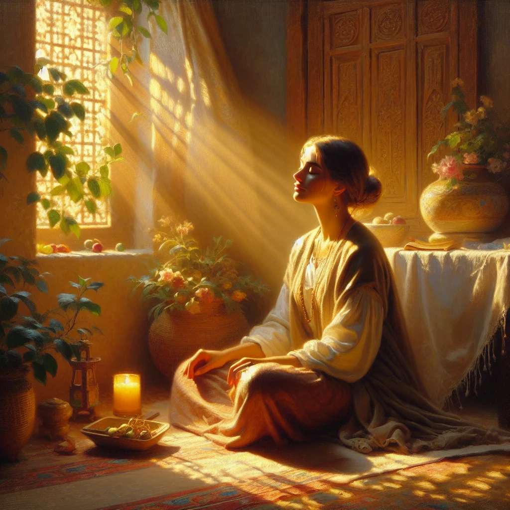 Middle-aged woman practicing online meditation for menopause symptom relief at home