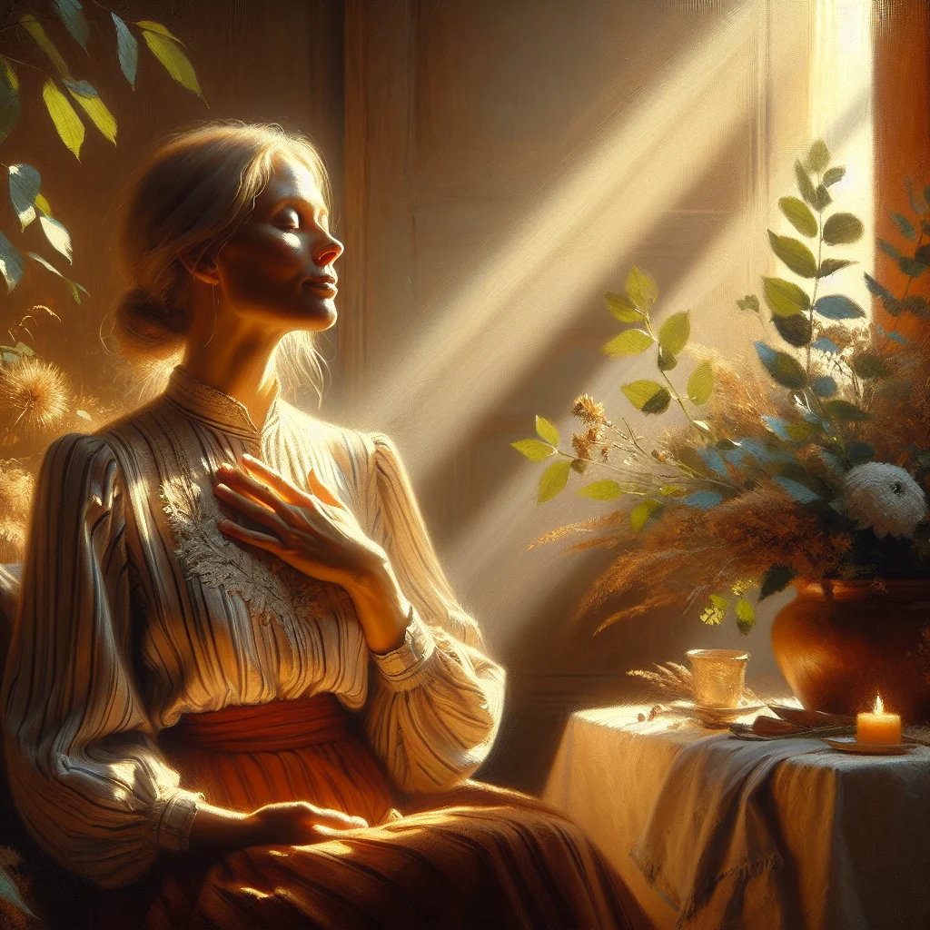 woman-practicing-mindful-breathing-during-hot-flash Woman practicing mindful breathing techniques to manage a hot flash with calm expression