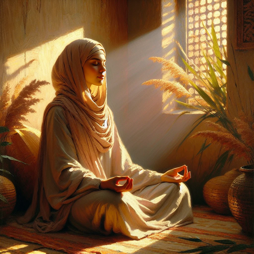 Woman practicing mindful breathing meditation techniques during menopause for symptom relief