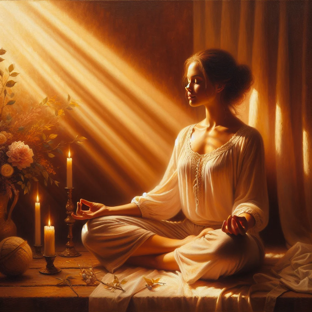 Middle-aged woman sitting in meditation posture practicing MBSR techniques for menopause relief