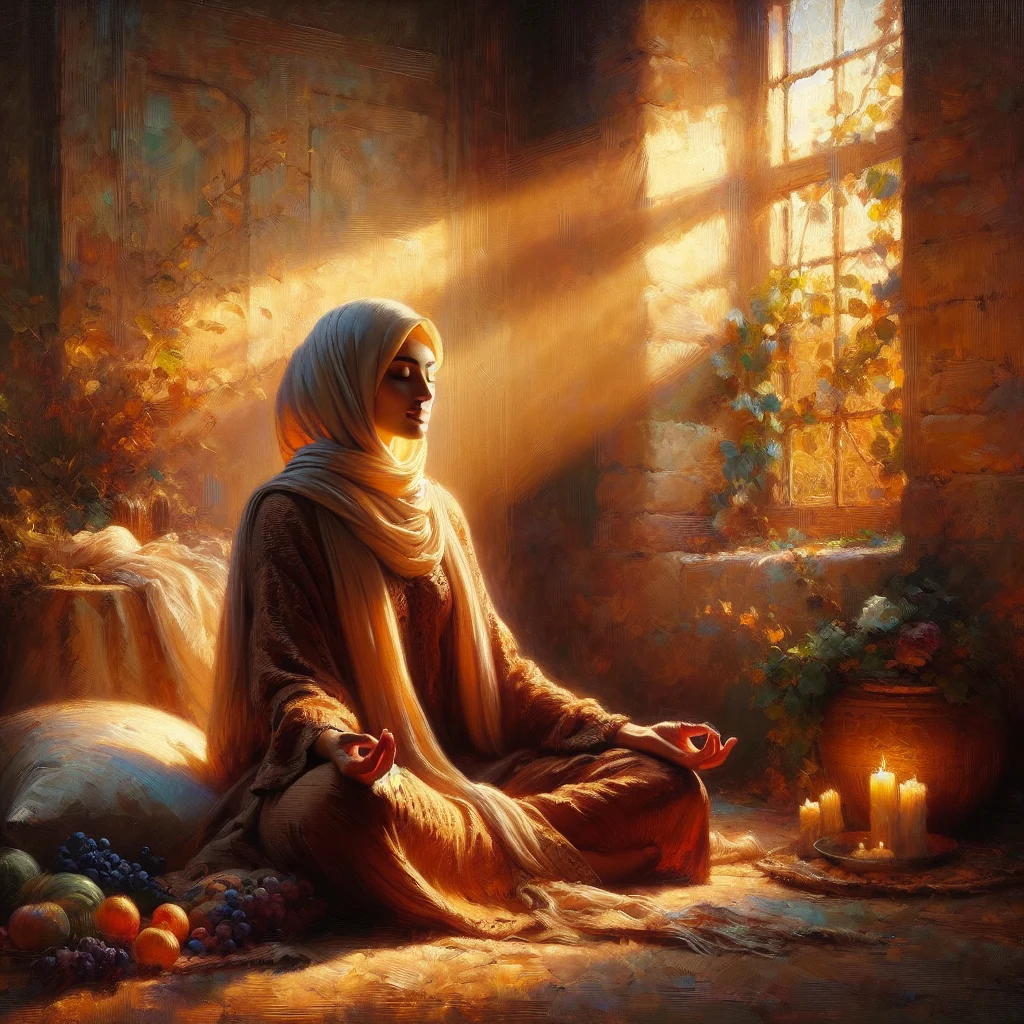 woman-practicing-mindfulness-meditation-menopause Middle-aged woman sitting in meditation posture practicing MBSR techniques for menopause relief