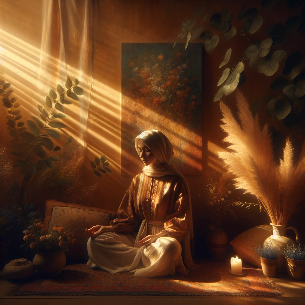 Woman sitting cross-legged in peaceful seated meditation during menopause