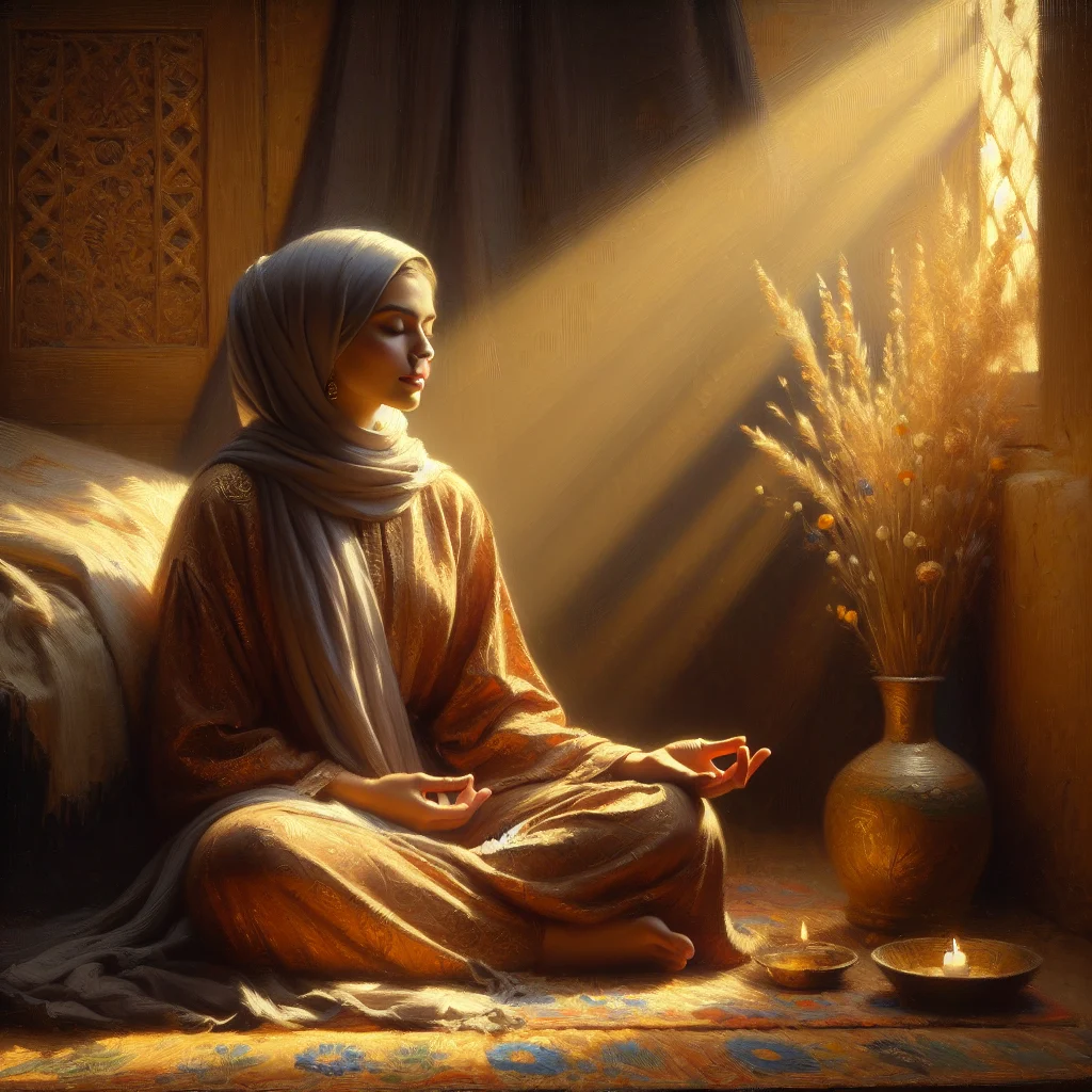 woman-practicing-vipassana-meditation-quietly Middle-aged woman sitting in vipassana meditation posture with eyes closed, practicing mindfulness during menopause