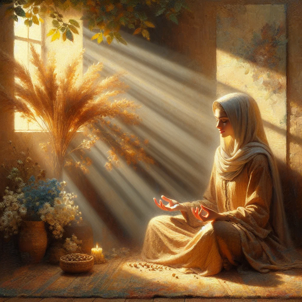 woman-practicing-visualization-meditation-peacefully Middle-aged woman sitting in comfortable meditation pose with eyes closed, practicing visualization meditation for menopause relief