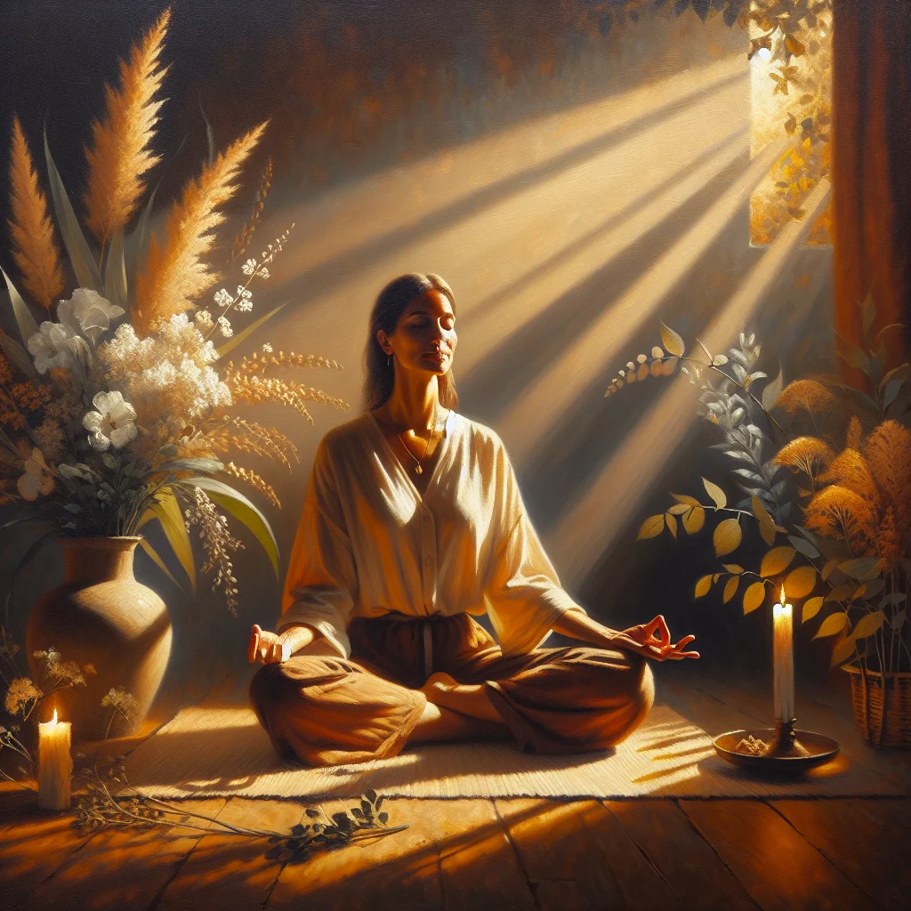 Woman practicing zen meditation for menopausal changes in a serene indoor setting