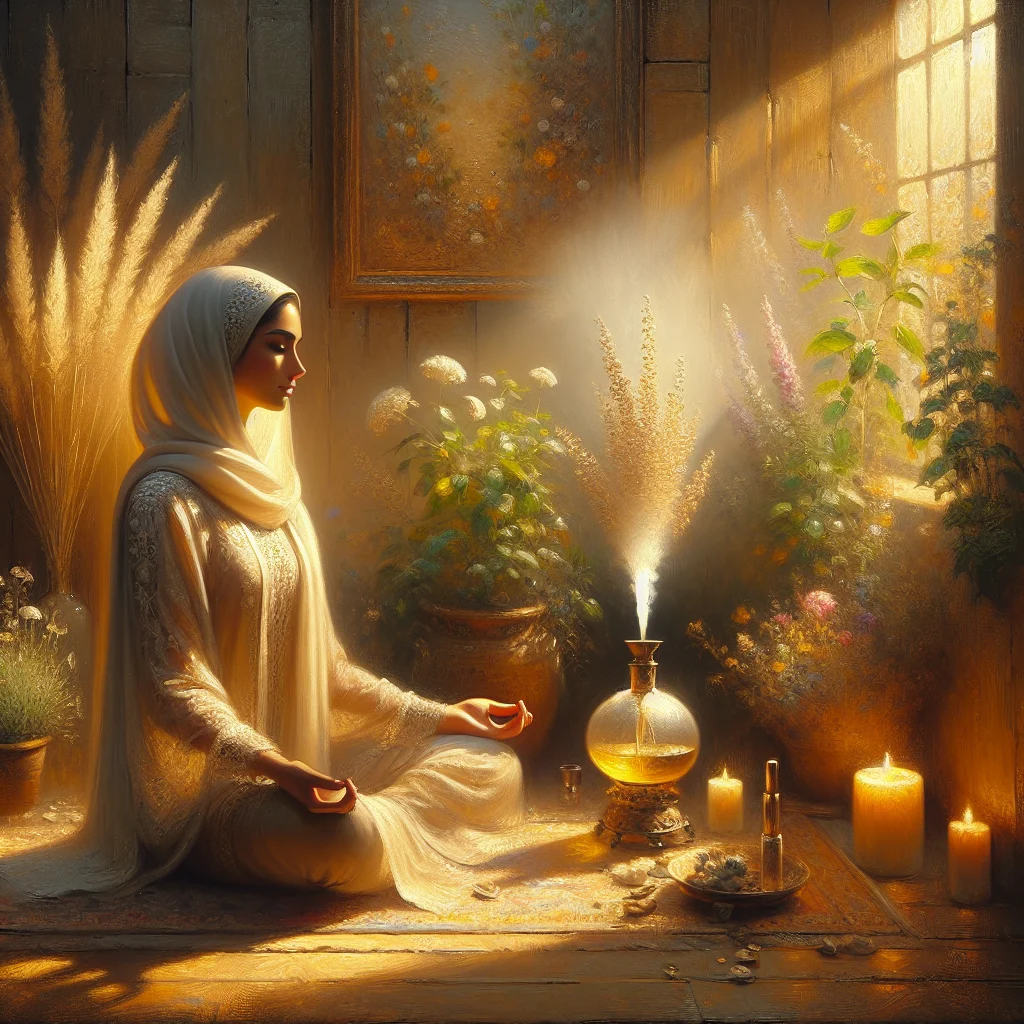Woman practicing meditation with essential oil diffuser for emotional healing and inner peace