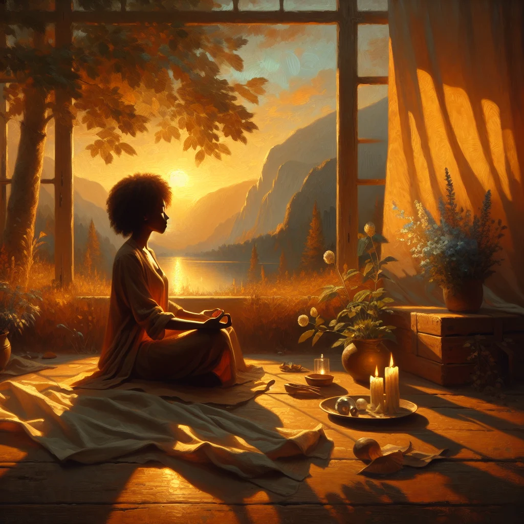 Woman practicing visualization meditation to naturally manage hot flashes while sitting peacefully