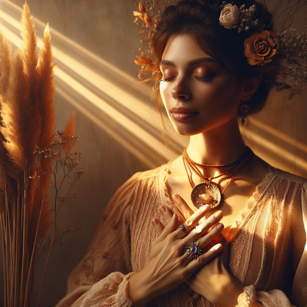 woman-wearing-healing-pendant Woman peacefully wearing a healing stone pendant during meditation with hands in prayer position